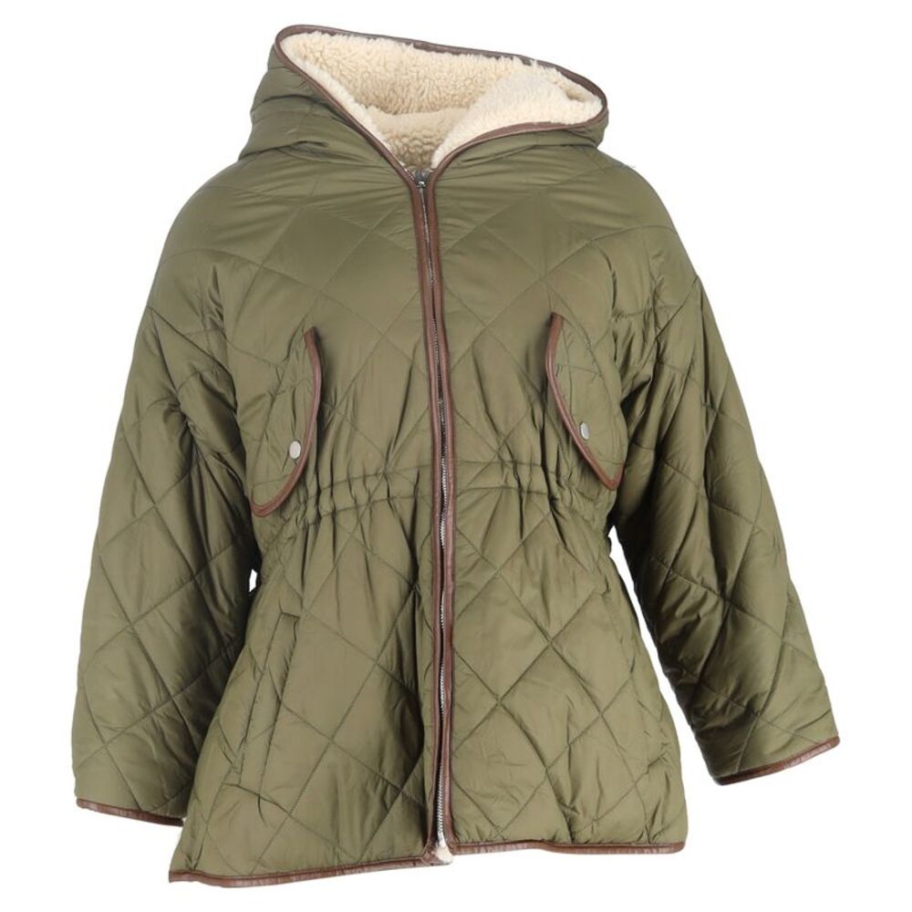 Maje Khaki Quilted Hooded Vest with Brown Trim